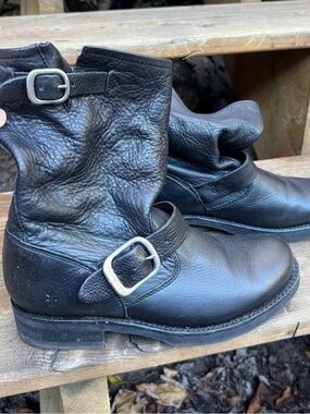 Frye Black Leather Women's Ankle Engineer Booties with Buckles